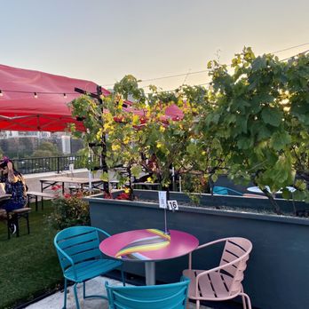 Rooftop Reds - people sitting at tables with umbrellas - Wineries Near Me - Brooklyn, New York