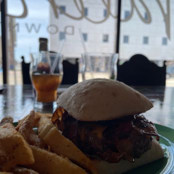 Valerie's Downtown - a burger and fries on a green plate - American Near Me - Saginaw, Michigan Valerie's Downtown - a burger and fries on a green plate - American Near Me - Saginaw, Michigan