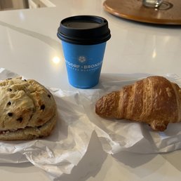 Scone with raspberry jam, and butter croissant. Drip coffee was good too. Scone with raspberry jam, and butter croissant. Drip coffee was good too.
