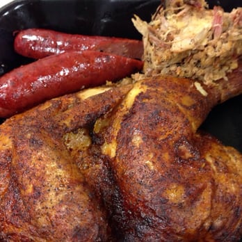 Mission BBQ - three meat sampler of chicken, sausages and pulled pork - Barbeque Near Me - Columbia, Maryland Mission BBQ - three meat sampler of chicken, sausages and pulled pork - Barbeque Near Me - Columbia, Maryland