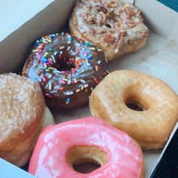 Strawberry, plain, maple bacon, chocolate frosted, raspberry filled