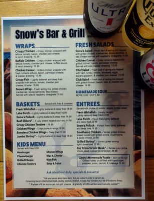 Menu photo 2 Snows Bar & Grill Cedarville, MI Menu photo 2 Snows Bar & Grill Cedarville, MI