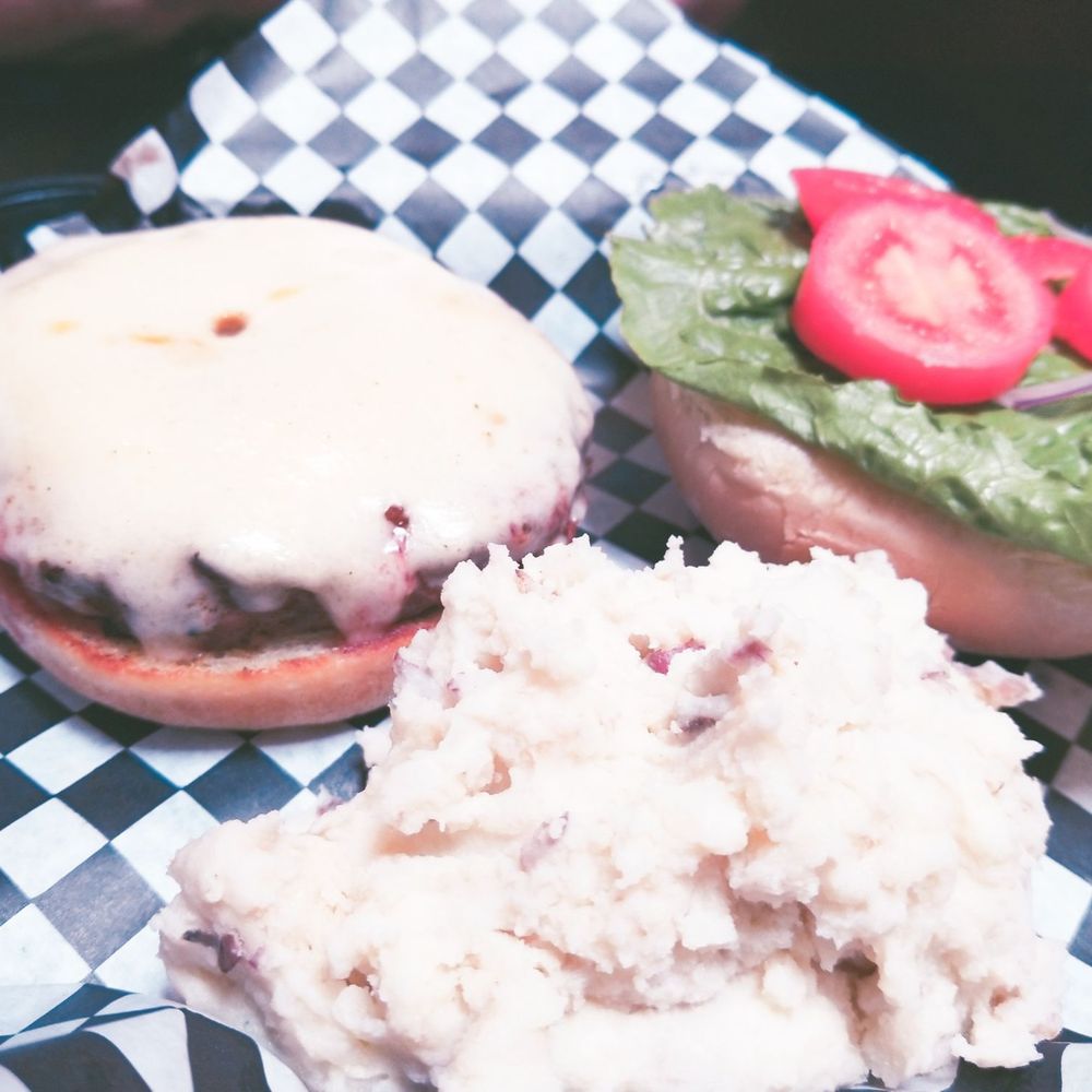 Finn's Irish Pub - Burger with Swiss and garlic mashed potatoes - Gastropubs Near Me - Ellsworth, Maine Finn's Irish Pub - Burger with Swiss and garlic mashed potatoes - Gastropubs Near Me - Ellsworth, Maine