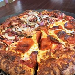 Medium pizza with half pepperoni half combination (no peppers) Medium pizza with half pepperoni half combination (no peppers)