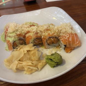 Sapporo East - ORANGE FLAMINGO ROLL  Spicy salmon covered with salmon, homemade wasabi sauce and sweet chili sauce on top - Japanese Near Me - Mechanicsburg, Pennsylvania