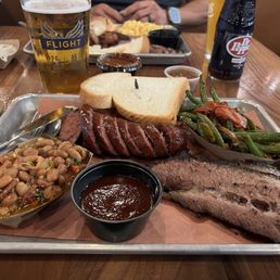 Beans, sausage, brisket, green beans