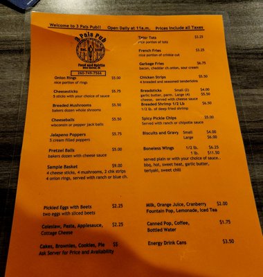 Menu photo 1 3 Pals Pub New Haven, IN