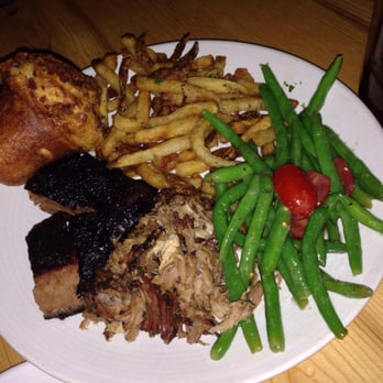 Salt + Smoke - Burnt Ends and Pulled Pork, green bean and tomato salad, fries, pop over - Bars Near Me - Saint Louis, Missouri