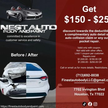 Finest Auto Body and Paint - #Houston #Community #Automotive #Services coupon for any auto body and apaint repairs. - Body Shops Near Me - Houston, Texas Finest Auto Body and Paint - #Houston #Community #Automotive #Services coupon for any auto body and apaint repairs. - Body Shops Near Me - Houston, Texas