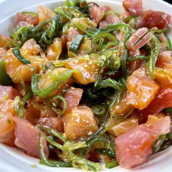 Poke Tiki - Large Bowl with 4 proteins. Tuna. Salmon. Seaweed salad. Green onions. Level 3 hot sauce. Wasabi. Soy sauce. Delicious. - Seafood Near Me - Costa Mesa, California Poke Tiki - Large Bowl with 4 proteins. Tuna. Salmon. Seaweed salad. Green onions. Level 3 hot sauce. Wasabi. Soy sauce. Delicious. - Seafood Near Me - Costa Mesa, California
