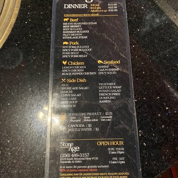 Stone Age Korean BBQ - Dinner Menu - Korean Near Me - Huntsville, Alabama Stone Age Korean BBQ - Dinner Menu - Korean Near Me - Huntsville, Alabama