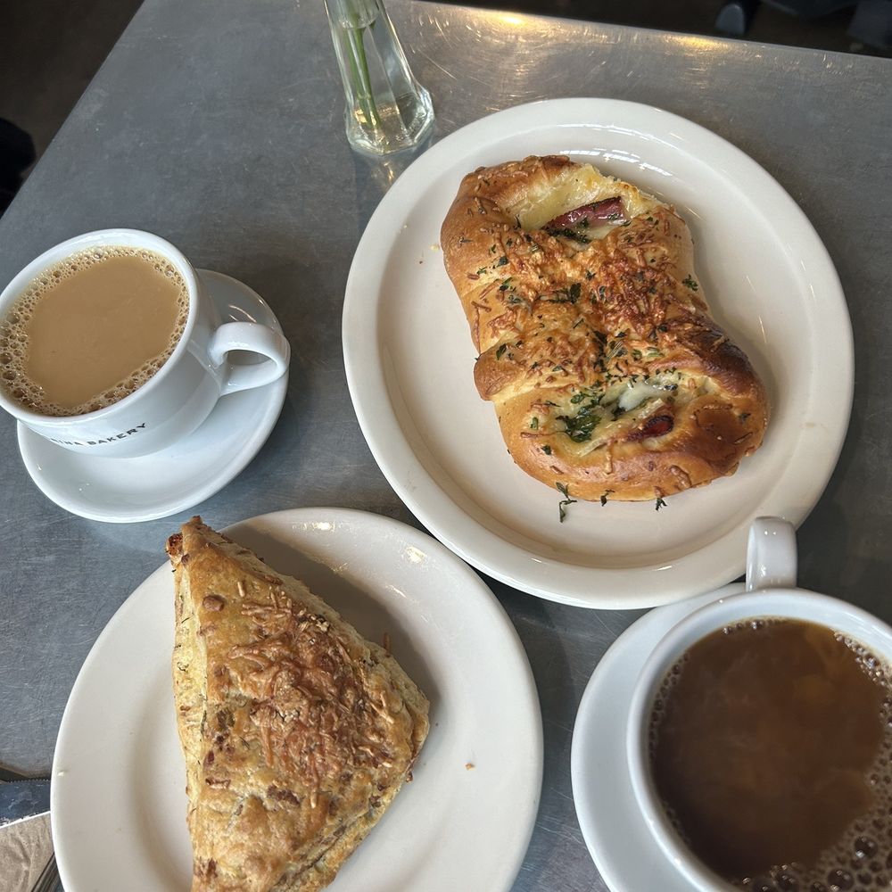 Dill scone, ham and cheese brioche, 2 drip coffees.