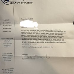Newton Vision Center - Letter received from Newton Vision Center after yelp review was written along with a formal complaint to the board of optometry.