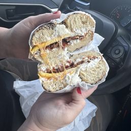 Everything Bagel with plain cream cheese, bacon, egg and cheddar cheese.