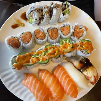Sushi Ai - American dream roll, spicy tuna roll, jalapeño roll, salmon nigiri, white tuna nigiri, and eel nigiri - Sushi Bars Near Me - Clayton, Missouri
