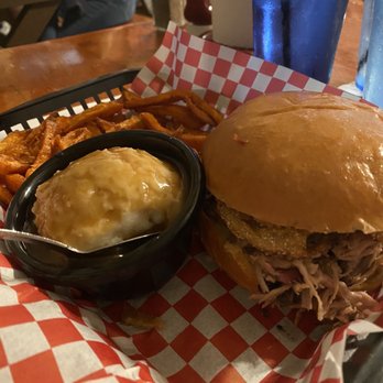 Shiver's BBQ - Southern Charm Sandwich with sweet potato fries and mashed potatoes with gravy - Barbeque Near Me - Homestead, Florida Shiver's BBQ - Southern Charm Sandwich with sweet potato fries and mashed potatoes with gravy - Barbeque Near Me - Homestead, Florida