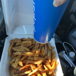 Two large fries and a fountain drink Two large fries and a fountain drink