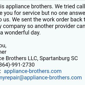 Appliance Brothers - Company email stating they tried to call - Appliances & Repair Near Me Appliance Brothers - Company email stating they tried to call - Appliances & Repair Near Me