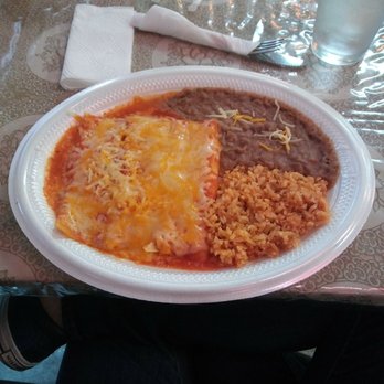 La Poblana Restaurant - Cheese Enchiladas (yeah, it's on styrofoam plates). - Mexican Near Me - Arlington, Texas