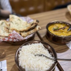 Sona The Indian Kitchen - Rice, garlic naan, chicken madras.