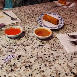 A sole surviving shrimp egg roll with sweet & sour and hot mustard dipping sauce! A sole surviving shrimp egg roll with sweet & sour and hot mustard dipping sauce!
