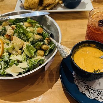 Seasons 52 - Light dinner of lobster bisque soup, Caesar salad accompanied by an Old Fashioned - Seafood Near Me - Buford, Georgia