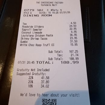 The Cheesecake Factory - Price for 2 appetizers and 3 main course. Very reasonable - Desserts Near Me - North York, Ontario