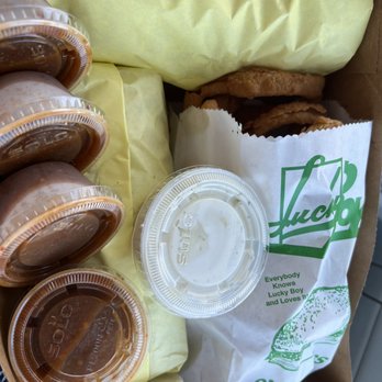 Lucky Boy - 2 Veggie breakfast burritos - extra crispy. + Onion rings - Fast Food Near Me - Pasadena, California Lucky Boy - 2 Veggie breakfast burritos - extra crispy. + Onion rings - Fast Food Near Me - Pasadena, California