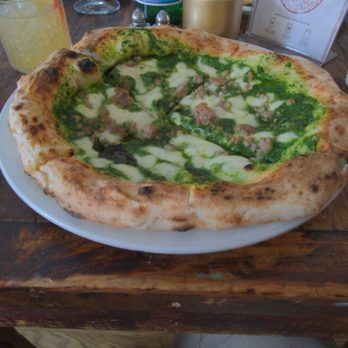 Pizza Secret - This is the S&F pizza.....I can't pronounce or spell it  Broccoli Rabe puree, Sausage and Mozzarella, basil - Pizza Near Me - Brooklyn, New York