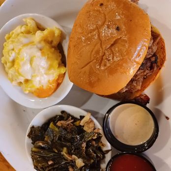 Jim 'N Nick's Bar-B-Q - beef brisket (chopped/lean), mac & cheese, and collard greens w/t their 2 bbq sauces - Barbeque Near Me - Hiram, Georgia Jim 'N Nick's Bar-B-Q - beef brisket (chopped/lean), mac & cheese, and collard greens w/t their 2 bbq sauces - Barbeque Near Me - Hiram, Georgia