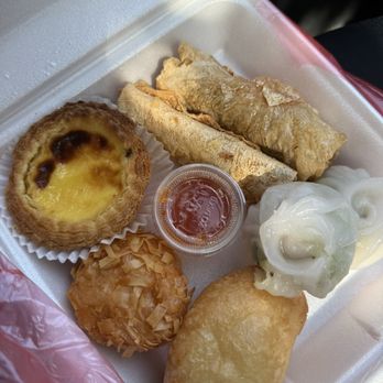 D & D Dim Sum Bakery - Egg tart, fried tofu skin rolls, shrimp ball, fried sticky rice ball, and chive dumplings. - Dim Sum Near Me - Elk Grove, California D & D Dim Sum Bakery - Egg tart, fried tofu skin rolls, shrimp ball, fried sticky rice ball, and chive dumplings. - Dim Sum Near Me - Elk Grove, California
