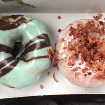 Duck Donuts - Mint with chocolate drizzle and the maple bacon - Donuts Near Me - Latham, New York Duck Donuts - Mint with chocolate drizzle and the maple bacon - Donuts Near Me - Latham, New York