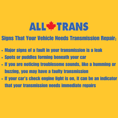 Signs Your Transmission May Need Repair - Serving Abbotsford since 1980. Transmissions and drivelines are our specialty. Give us a call or visit our website for more information!