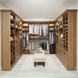 Inspired Closets - Fort Myers  - His & Her Walk-In Closet * New Natural Finish * ShoeShrine® * Dual Wardrobe Hang * Sliding Tie Rack * Sliding Belt Rack *  Dresser Drawers