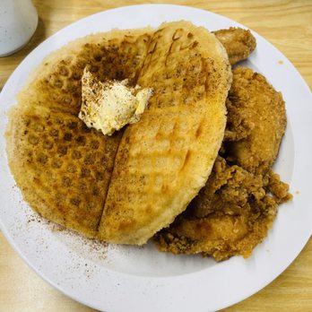 The Serving Spoon - Signature Spoon with Waffle (dusted with Cinnamon) and 5-piece Fried Chicken Wings. - Breakfast & Brunch Near Me - Inglewood, California The Serving Spoon - Signature Spoon with Waffle (dusted with Cinnamon) and 5-piece Fried Chicken Wings. - Breakfast & Brunch Near Me - Inglewood, California