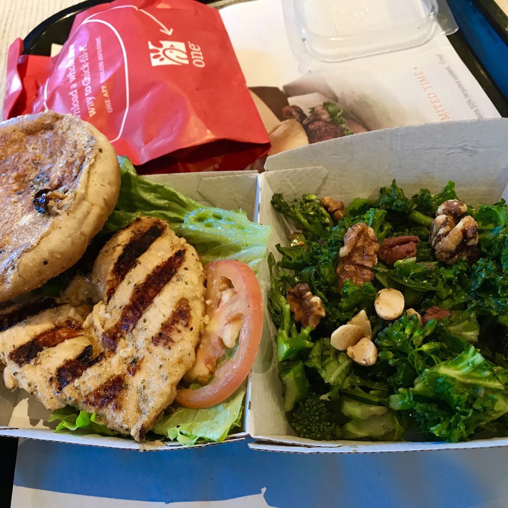 Chick-fil-A - Grilled chicken burger with kale salad  (heart shaped chicken hehe) - Fast Food Near Me - Irvine, California