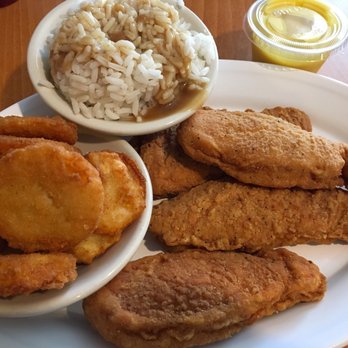 Lowesville Cafe - Lunch plate: chicken fingers with fried squash and rice. Just so so. - Cafes Near Me - Lowesville, North Carolina