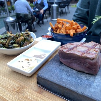 insideOUT - Australian Hot Stone Steak with Brussel sprouts and sweet potato fries - Lounges Near Me - San Diego, California