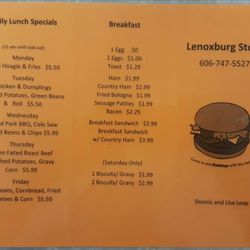 Lenoxburg  Store - Menu - breakfast and lunch specials