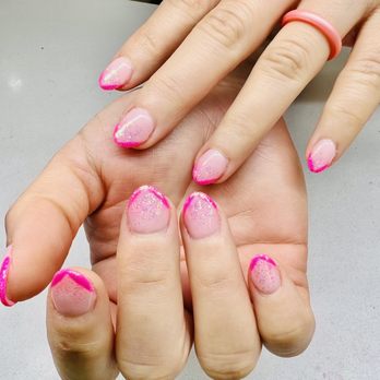 Nail Theory Lounge - V-Line French tips Dip Manicure with Pink Aurora Chrome finish - Nail Salons Near Me - Chandler, Arizona Nail Theory Lounge - V-Line French tips Dip Manicure with Pink Aurora Chrome finish - Nail Salons Near Me - Chandler, Arizona