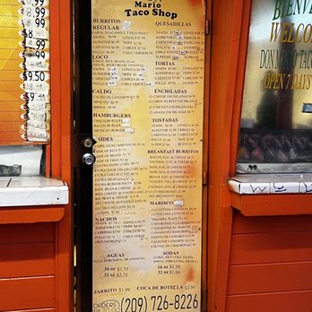 Mario's Taco Shop - a menu on the door - Mexican Near Me - Merced, California Mario's Taco Shop - a menu on the door - Mexican Near Me - Merced, California
