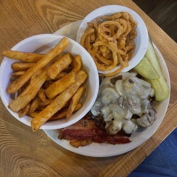 Bubba's Burgers And Bar - Haystack Burger, no bun. comes with bacon and the onion straws on the side while the mushrooms and swiss was on top. - American Near Me - Traverse City, Michigan