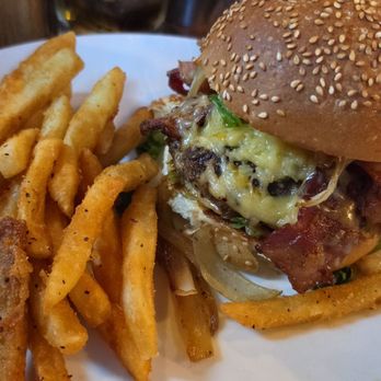 Rowley Inn - Smokestack Lightning burger with seasoned fries. - Pubs Near Me - Cleveland, Ohio Rowley Inn - Smokestack Lightning burger with seasoned fries. - Pubs Near Me - Cleveland, Ohio