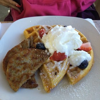 Bayview Kitchen - Belgian waffles with fruit and cream and a side of sausage - Wraps Near Me - Amityville, New York Bayview Kitchen - Belgian waffles with fruit and cream and a side of sausage - Wraps Near Me - Amityville, New York