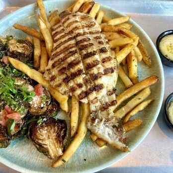 California Fish Grill - Catfish grilled plate with french fries and brussels sprouts - Seafood Near Me - Anaheim, California