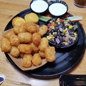 Nickel's Pit BBQ - Tater tots, cornbread, & roasted corn black bean salad - Barbeque Near Me - Watkins Glen, New York