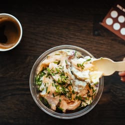 ReTREAT - POTATO SKYR SALMON Potatoes mixed up in an amazing mustardmayo/skyr, topped of with baked salmon. Some chives on top and you're ready to go