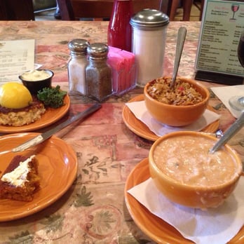 Barbara Jean's Restaurants - Crab cake, dirty rice, She Crab soup and pumpkin bread. - Southern Near Me - St. Simons, Georgia