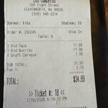 Los Camperos - Our bill: Note senior citizens orders. - Mexican Near Me - Leavenworth, Washington Los Camperos - Our bill: Note senior citizens orders. - Mexican Near Me - Leavenworth, Washington