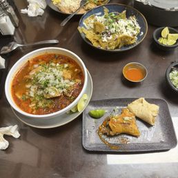 Menudo, queso taco de birria, chicharrones con salsa verde, side of chilaquiles verdes and hand made tortillas Menudo, queso taco de birria, chicharrones con salsa verde, side of chilaquiles verdes and hand made tortillas